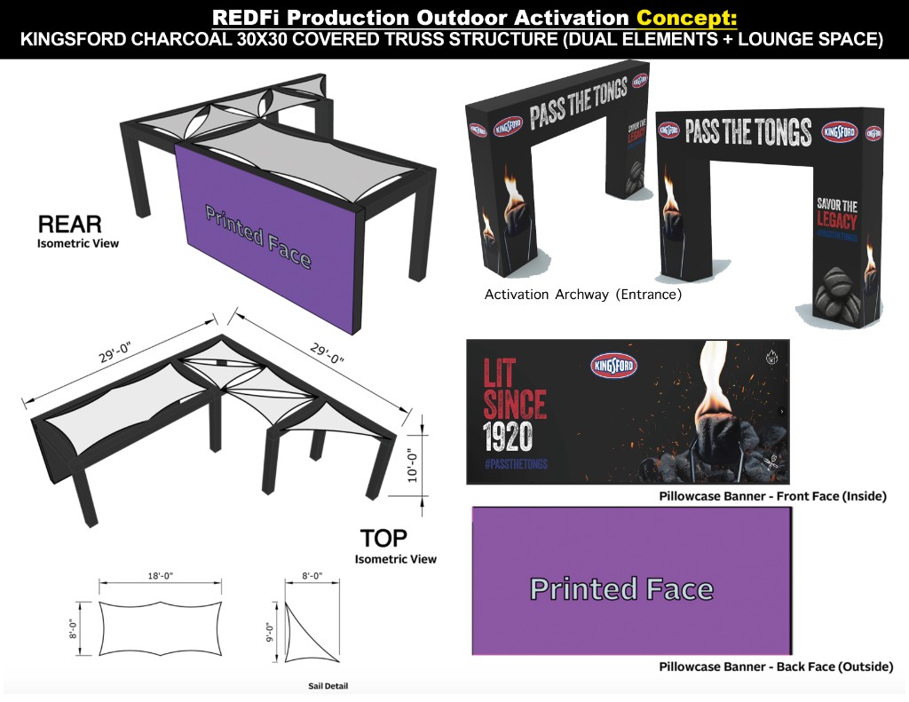 Kingsford charcoal outdoor activation concept, covered truss structure with branded graphics